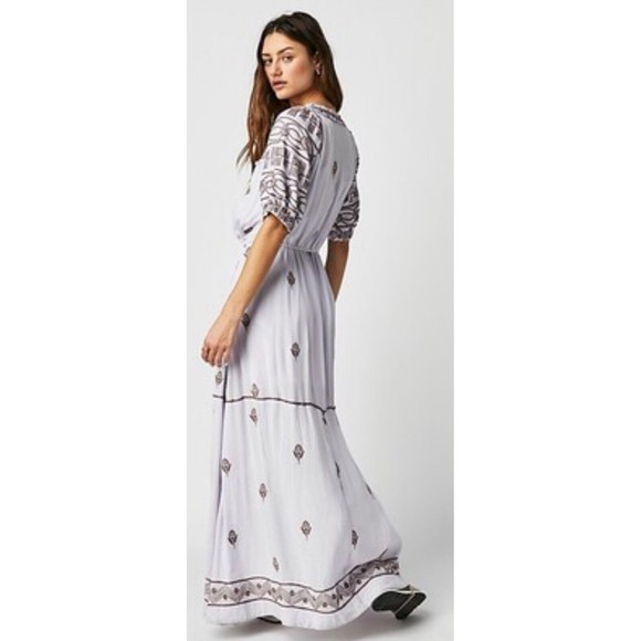 Free People Women Riley Embroidered Lavender Classic Maxi Boho Dress Sz S New